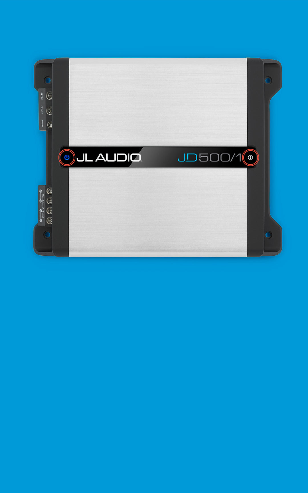A JD500/1 amplifier highlighting dual LED feature on a vibrant blue background.