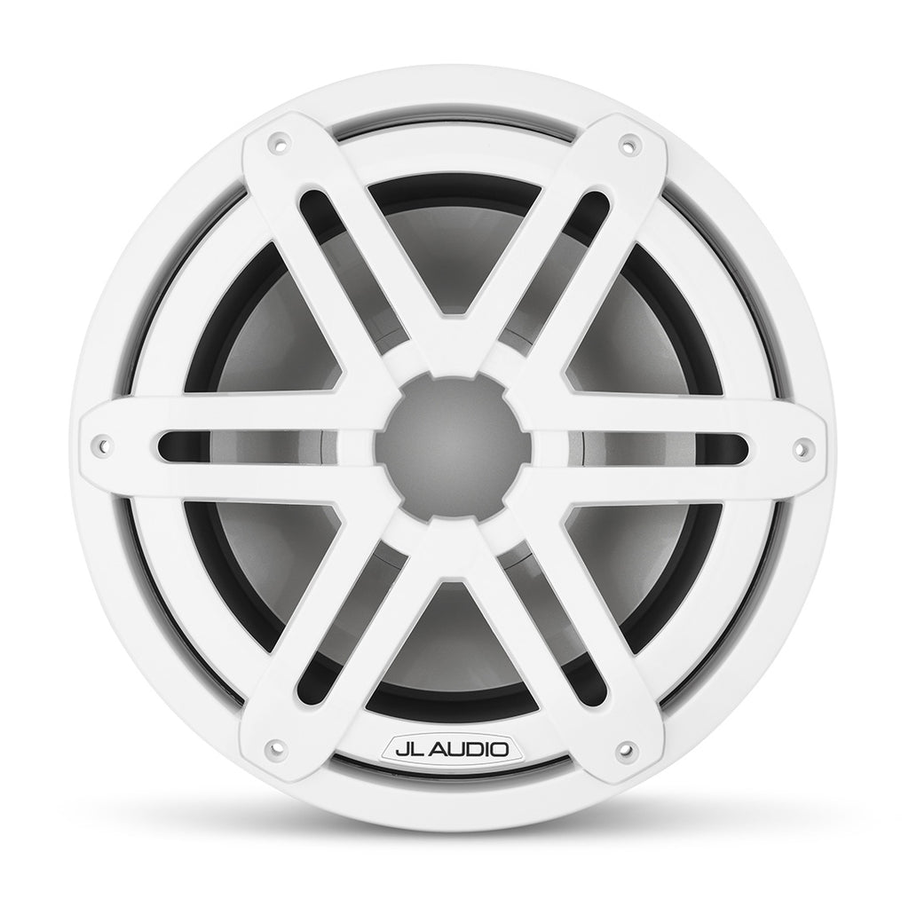 A white M3 10 inch marine subwoofer unit with sports grille.