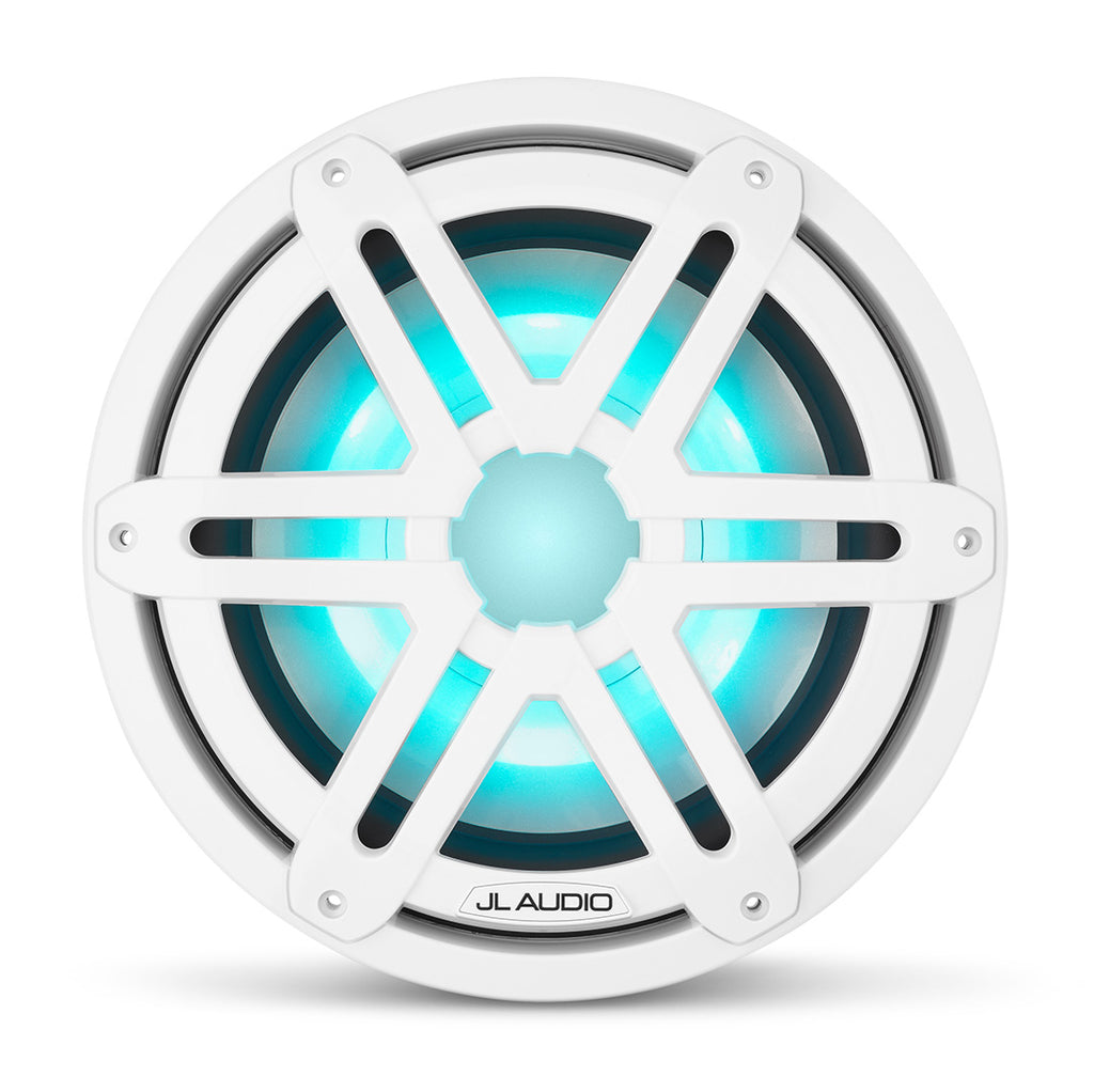 A white M3 10 inch marine subwoofer unit with sports grille and cyan RGB LED lights.