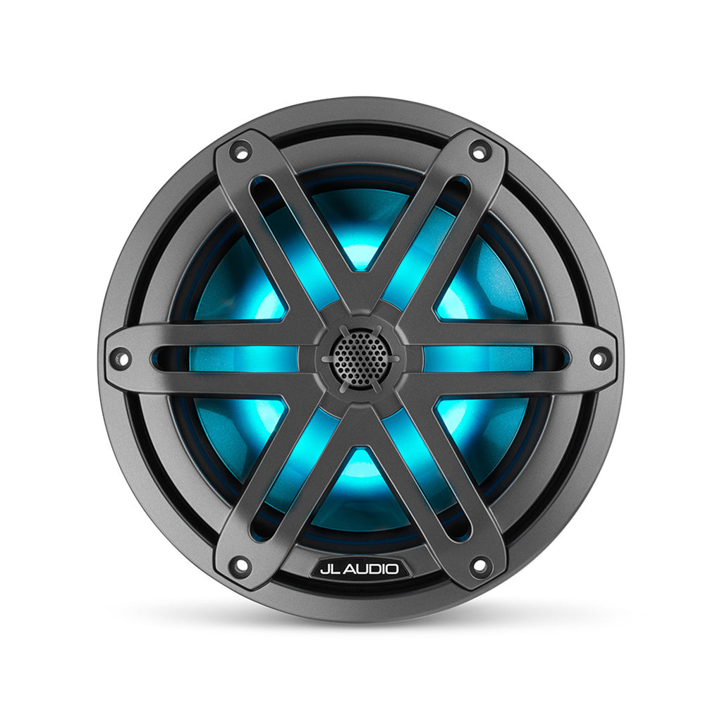 A gun metal M3 7.7 inch marine subwoofer unit with sports grille and cyan RGB LED lights.