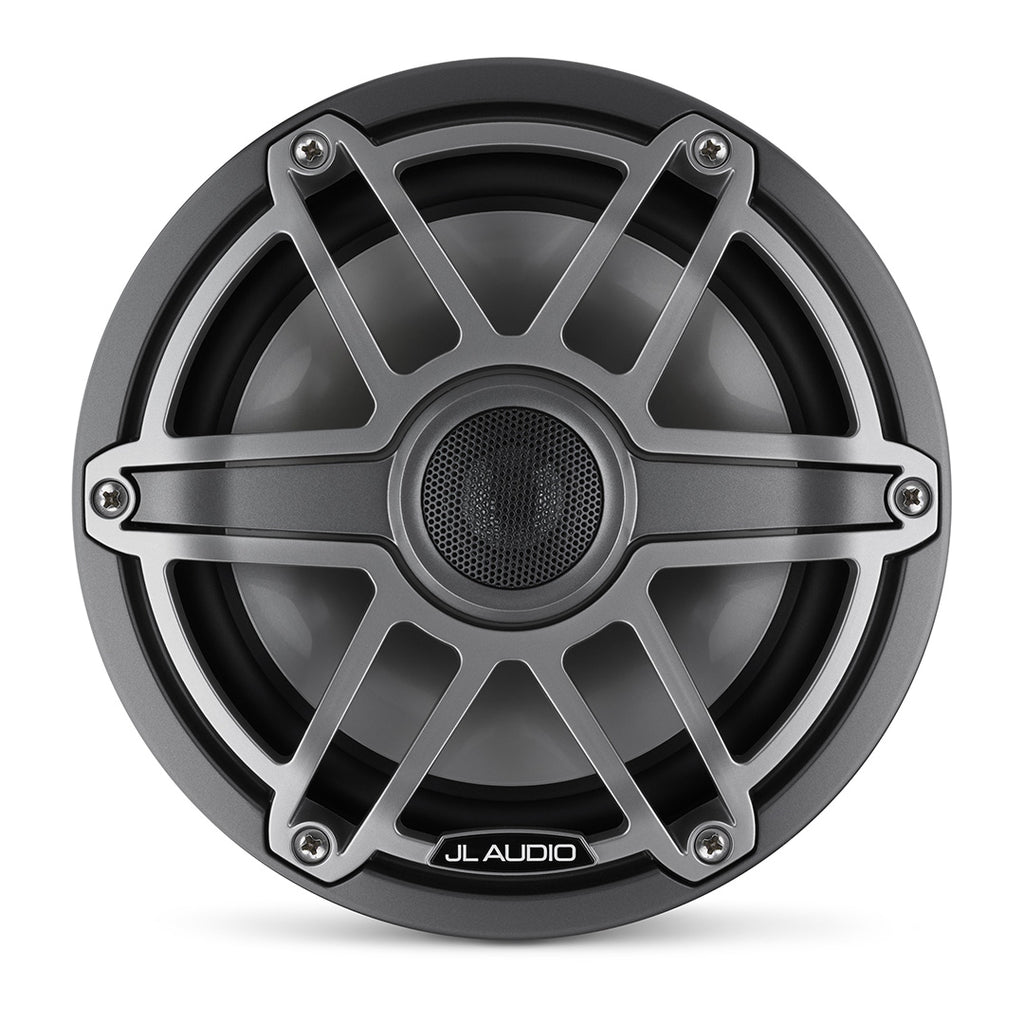 A gunmetal M6 7.7 inch marine subwoofer unit with sports grille.
