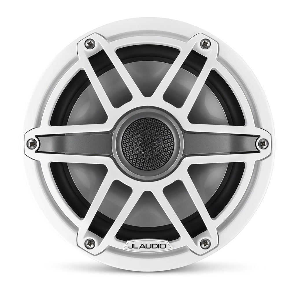 A white M6 7.7 inch marine speaker unit with sports grille.