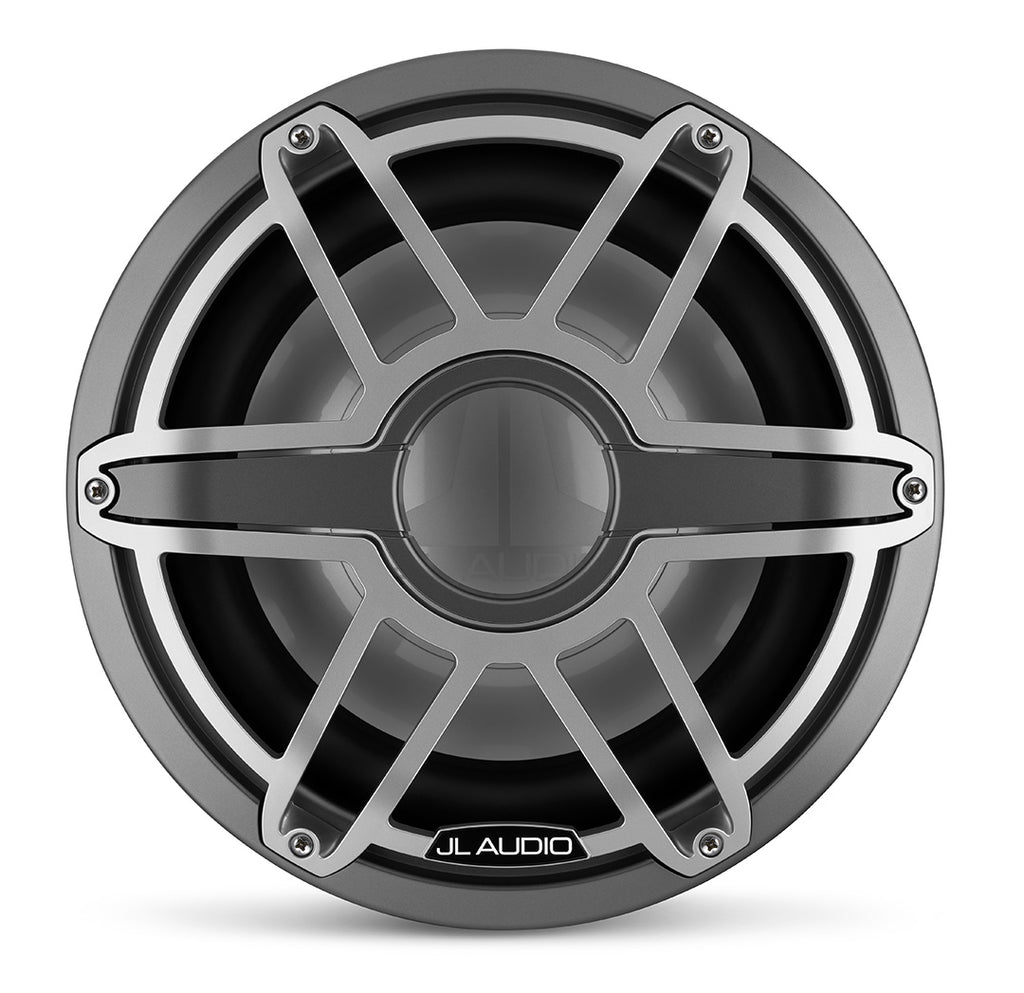 A gunmetal M7 12 inch marine subwoofer unit with sports grille.