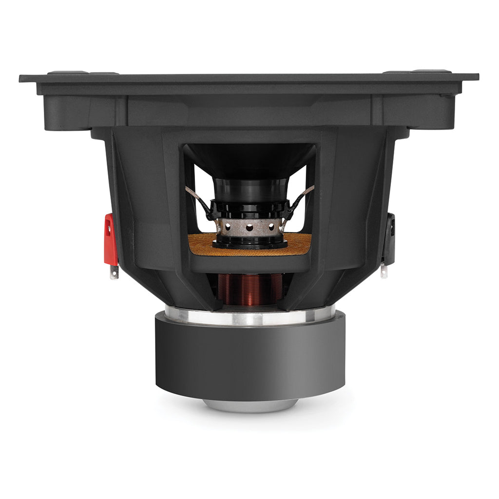 A side profile view of the Dominion Subwoofer model driver for home audio.