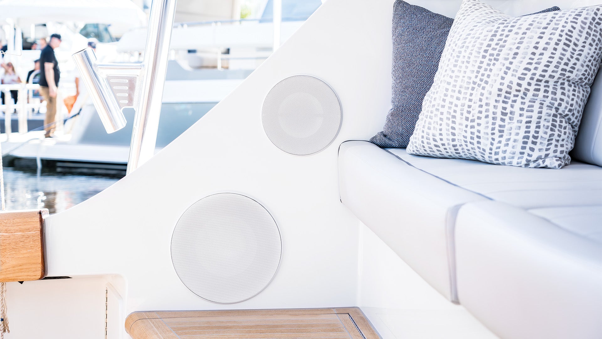 A white M6 Luxe Speaker and Subwoofer installed in a yacht.