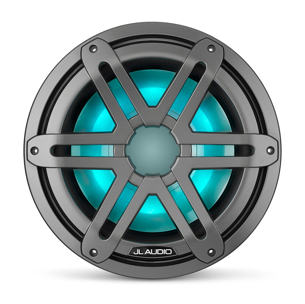 A gun metal M3 10 inch marine subwoofer unit with sports grille and cyan RGB LED lights.