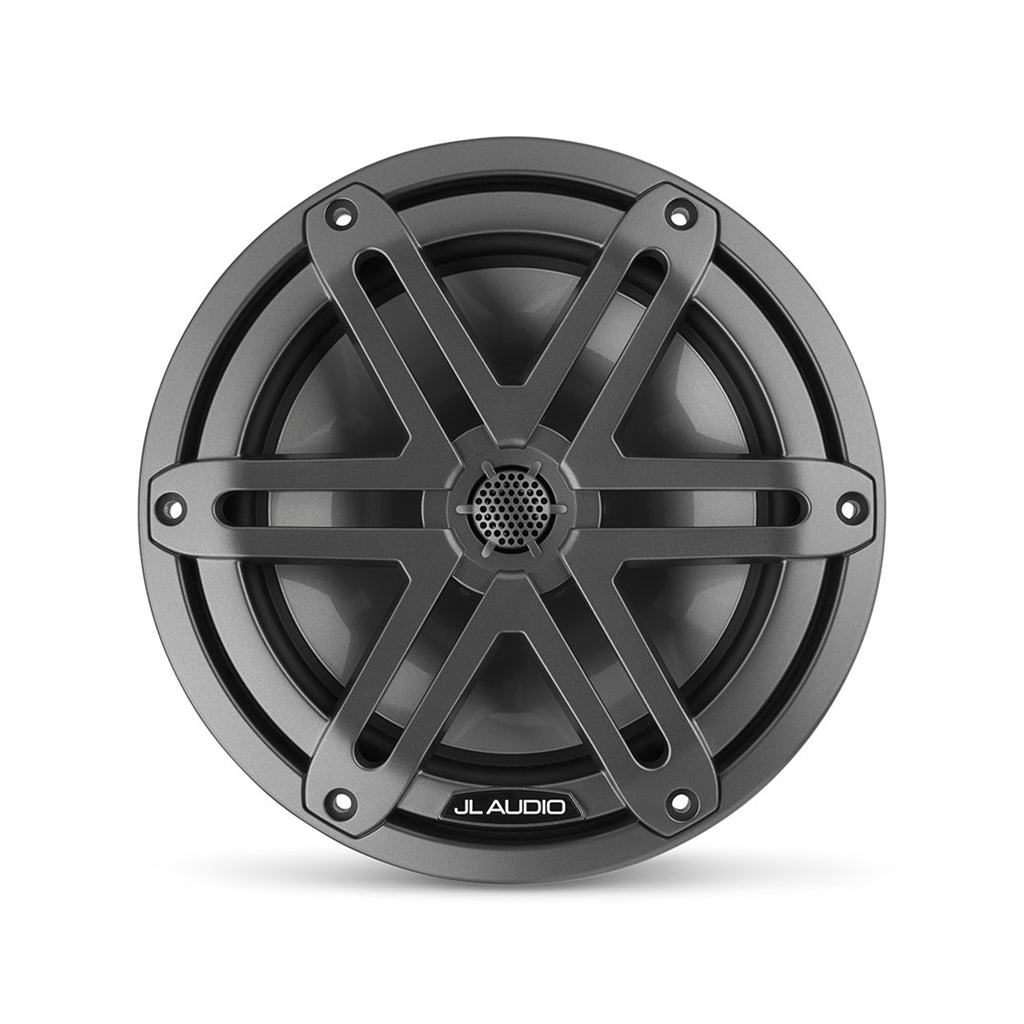 A gunmetal M3 7.7 inch marine subwoofer unit with sports grille.