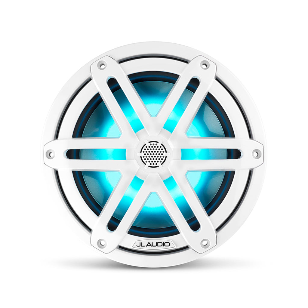 A white M3 7.7 inch marine speaker unit with sports grille and cyan RGB LED lights.