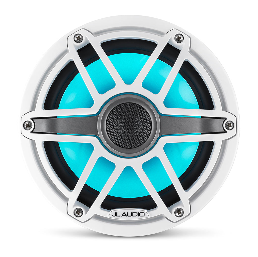 A white M6 7.7 inch marine speaker unit with sports grille and cyan RGB LED lights.