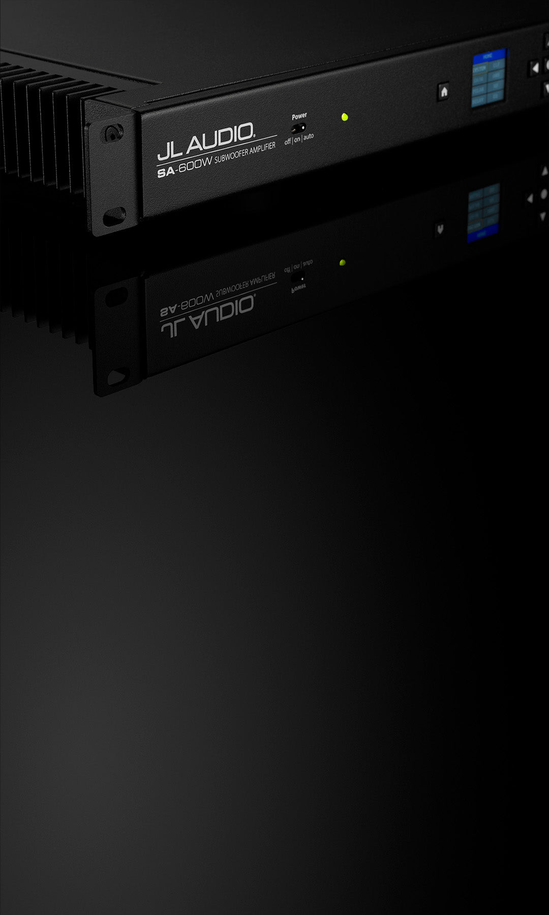 Angled view of SA-600w Amplifier in dark sleek setting.