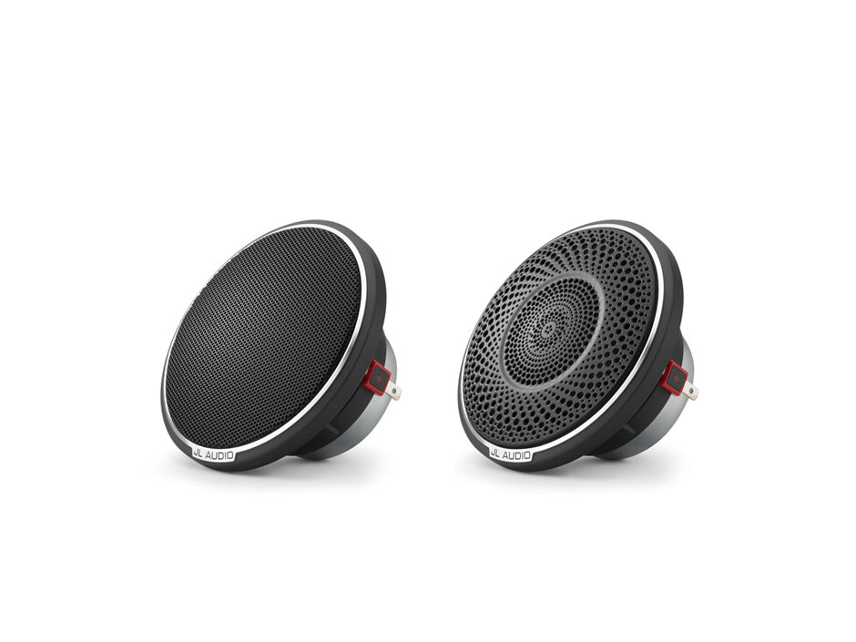 A side by side comparison of C7 350cm car audio speakers with fine mesh steel and spiral steel grille options.