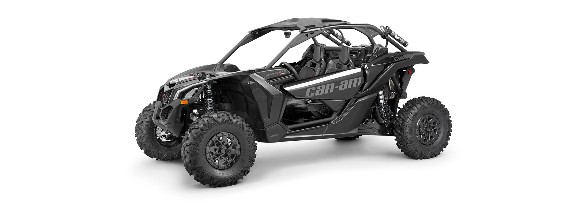 A black can-am powersports vehicle with stealthbox installed on a white background. 