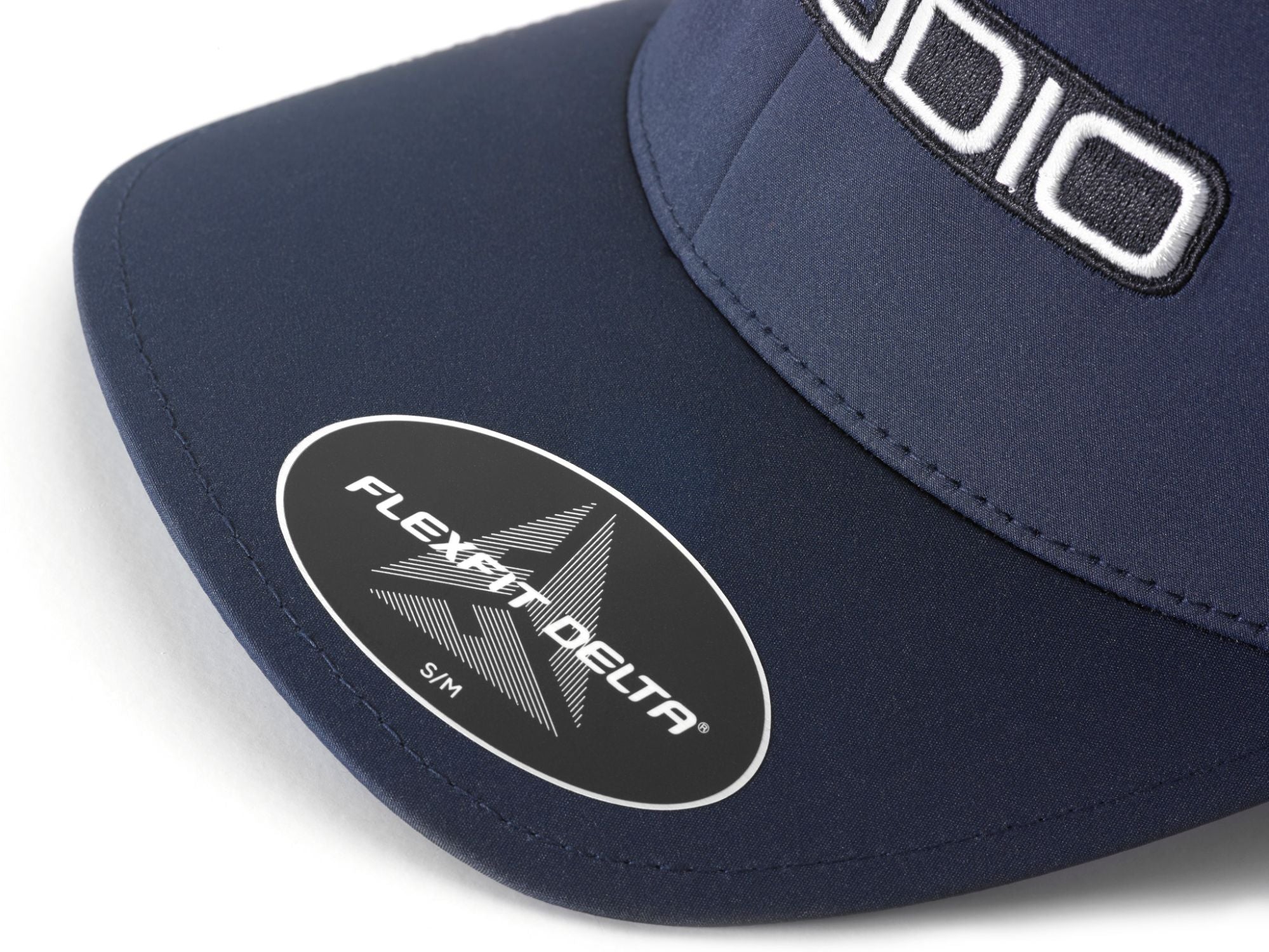 Front of Navy FlexFit Hat with JL Audio Logo Bill Label Detail