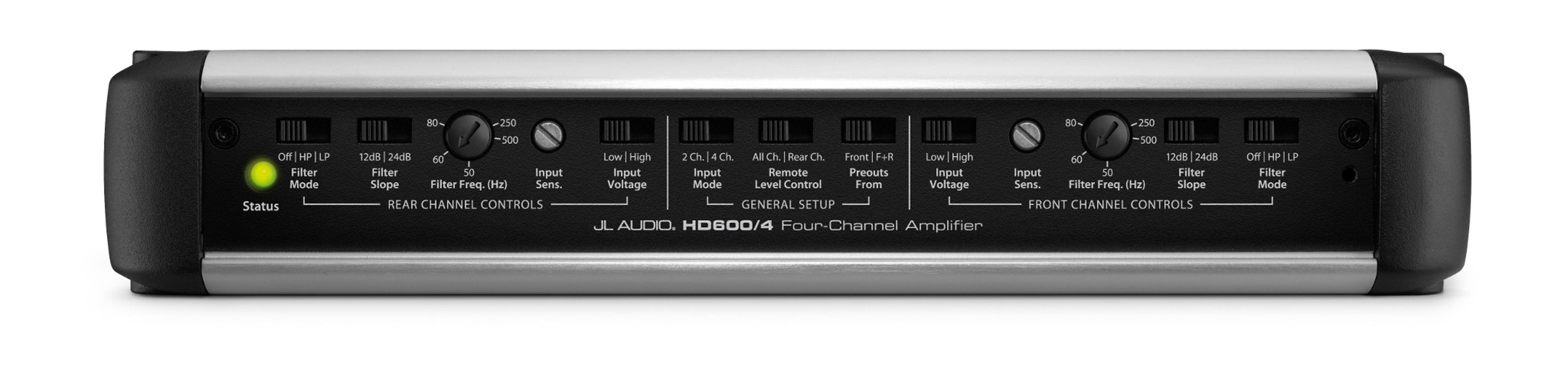 Front of HD600-4 Amplifier Straight on showing Control Panel