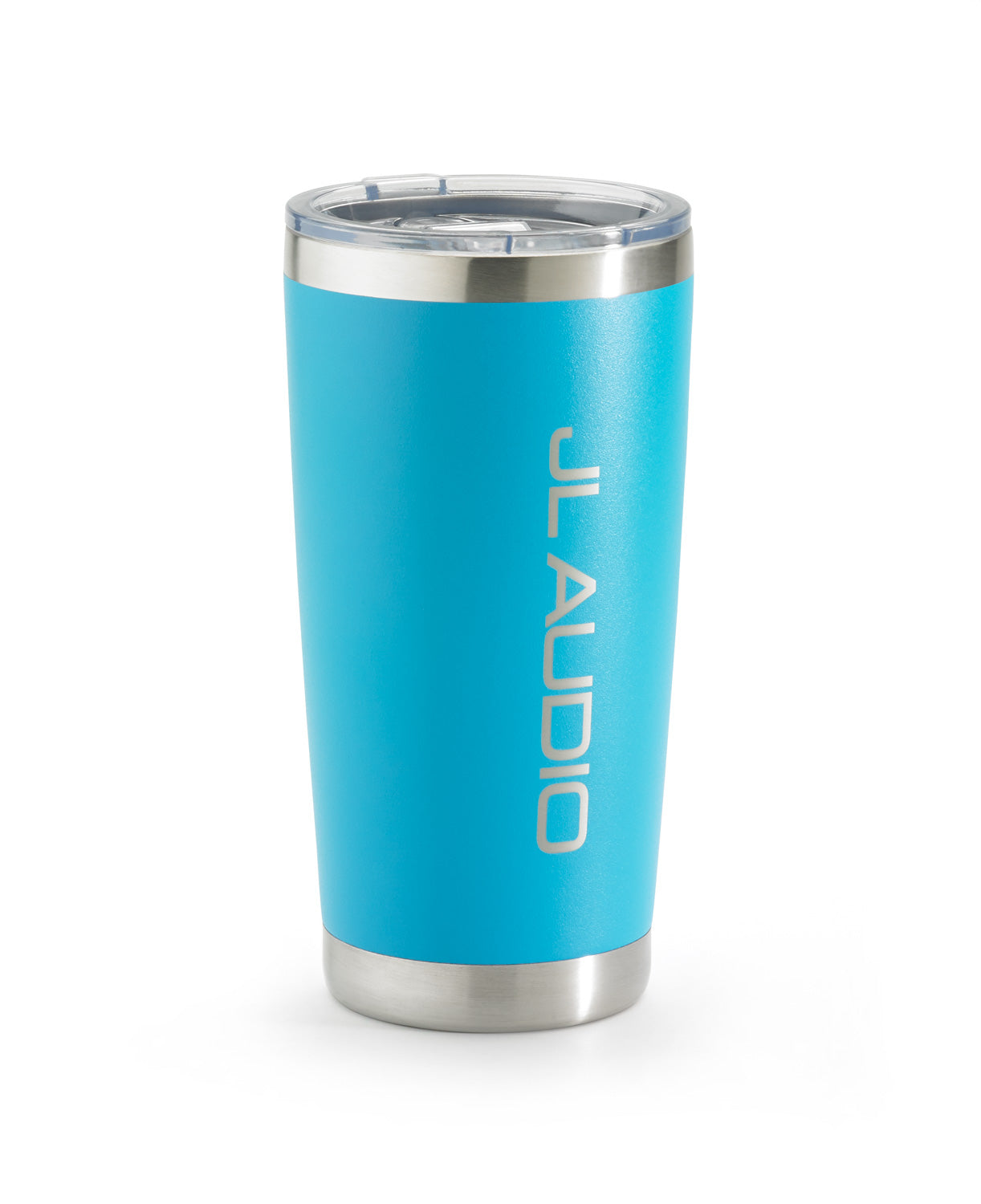 Bright Blue Tumbler with lid and JL Audio logo