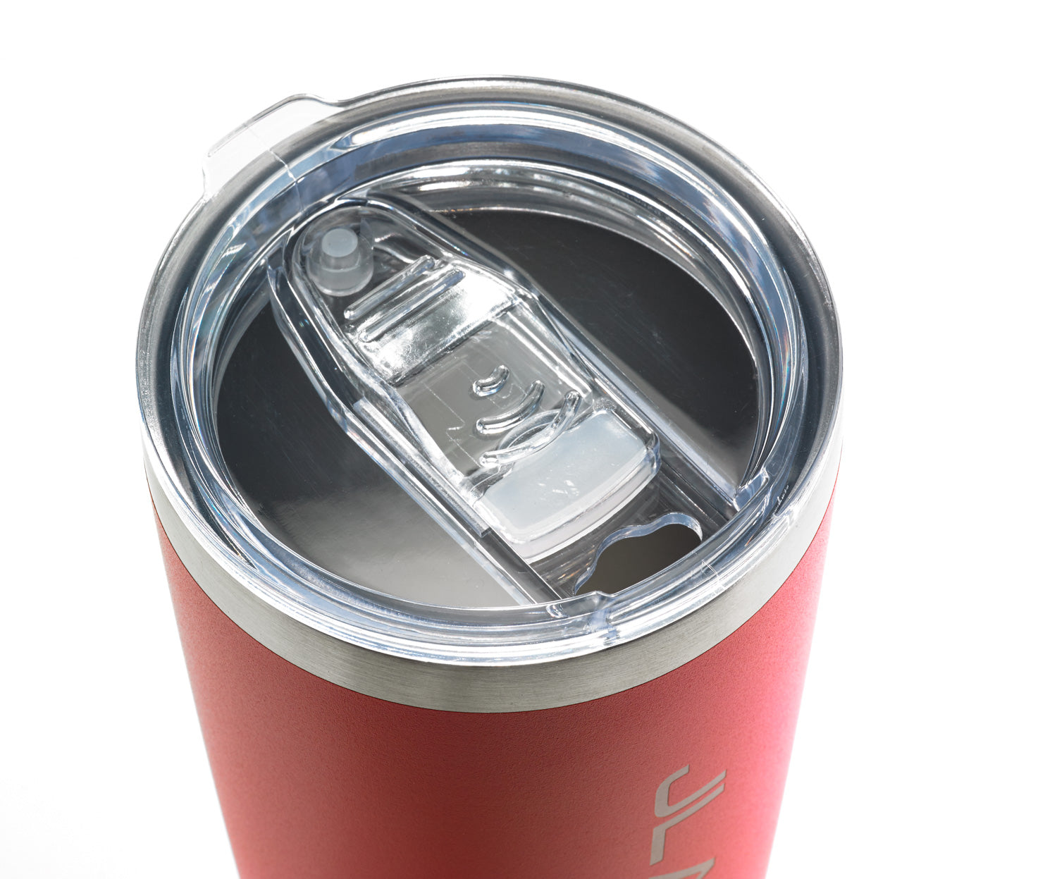 Detail of Red tumbler lid in open position