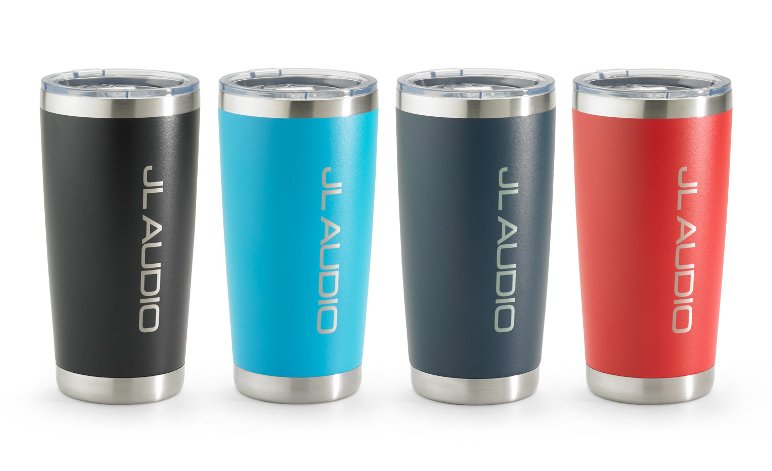Black, Bright Blue, Navy and Red Tumblers with lids and JL Audio logo