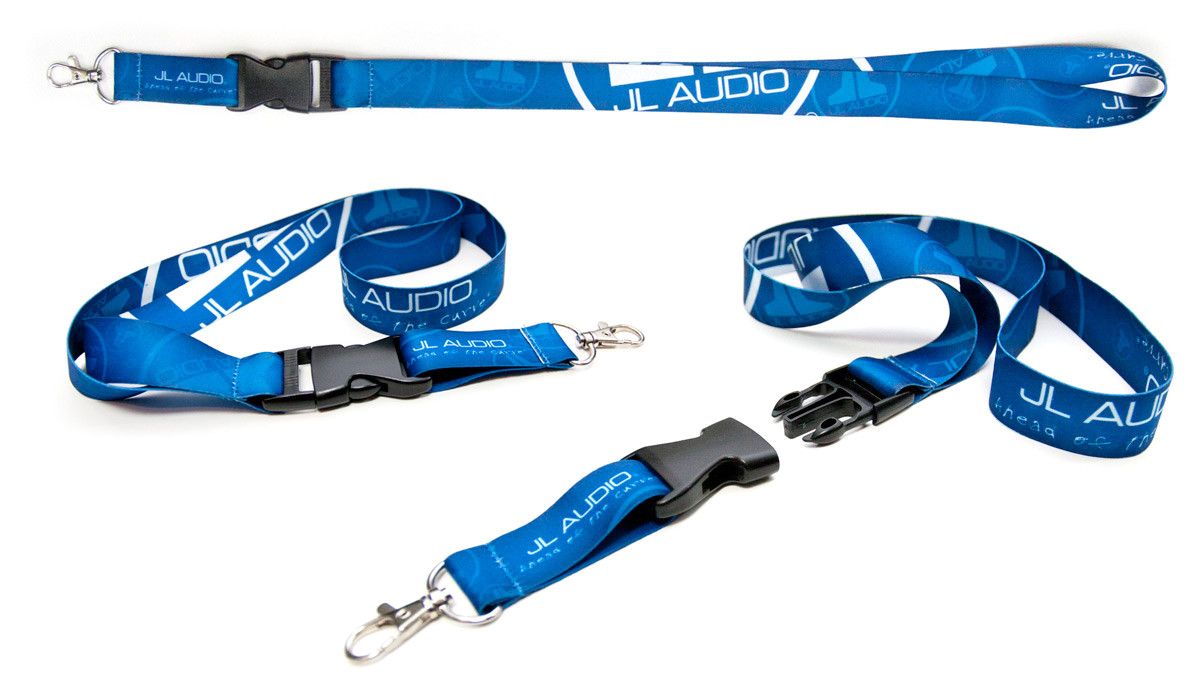 Three views of the Blue Logo Lanyard showing Clip Connected and Disconnected