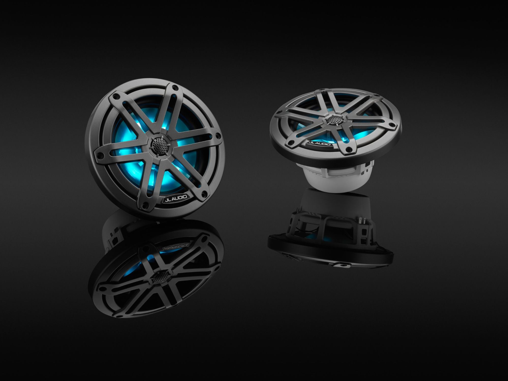 Pair of M3-650X-S-Gm-i Coaxial Speaker on Black, Lit Blue