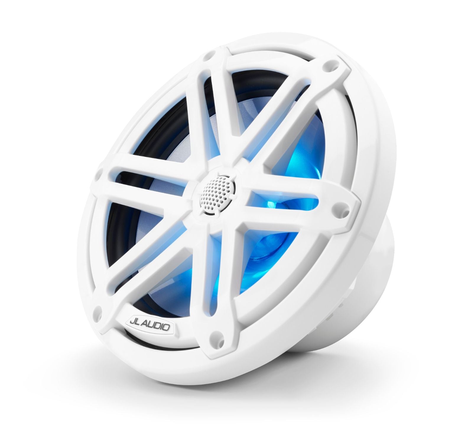 Front of M3-770X-S-Gw-i Coaxial Speaker Facing Left Lit with Blue