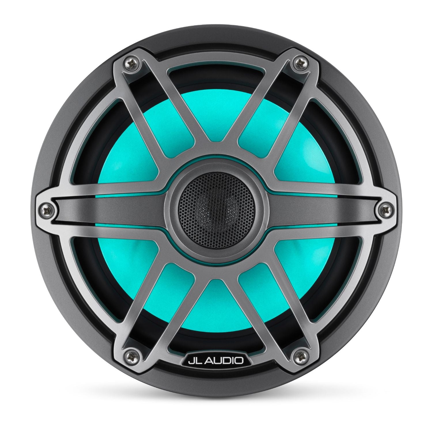 Front of M6-770X-S-GmTi-i Coaxial Speaker Overhead Lit with Teal