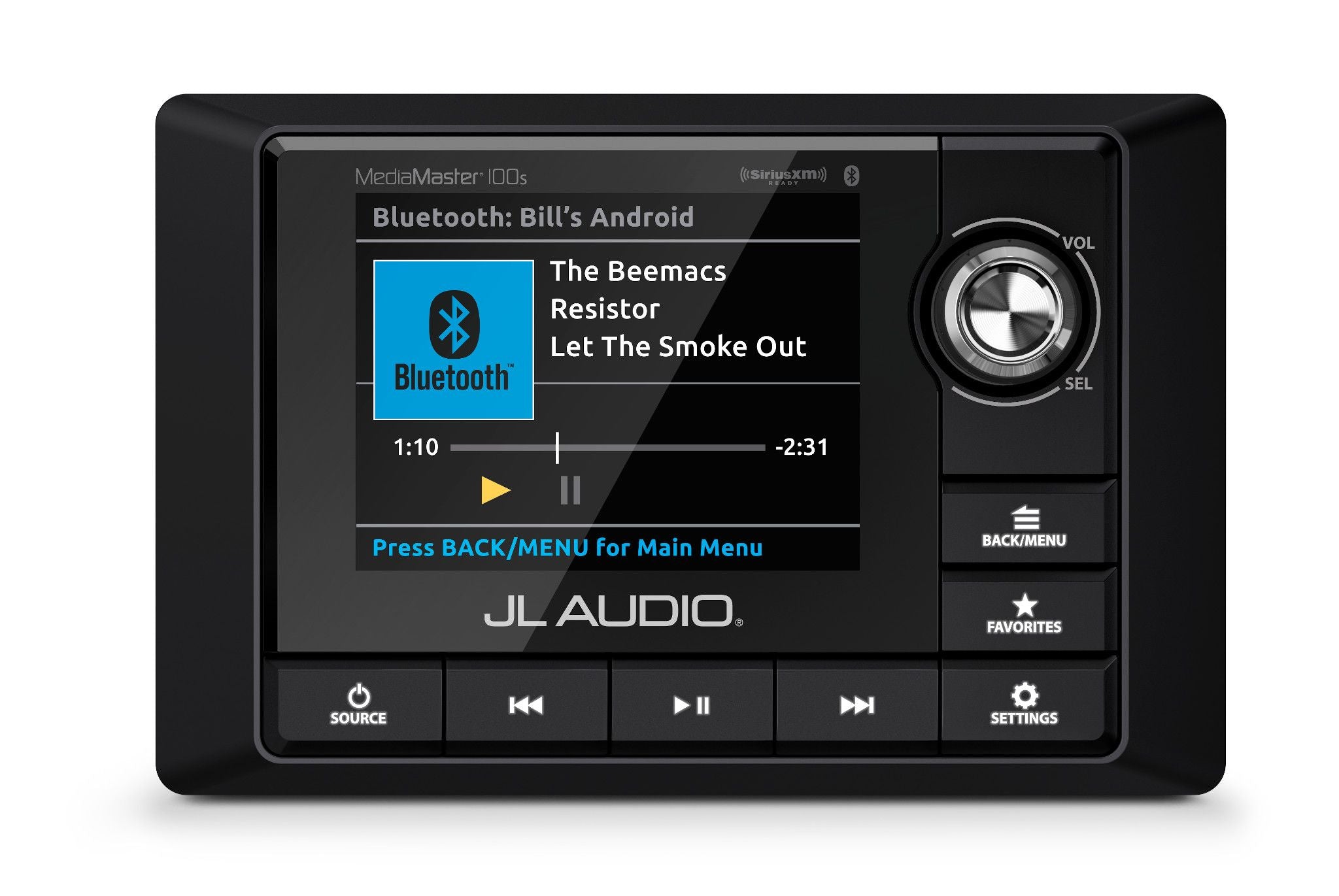 Front of MM100s Source Unit Straight On Displaying Bluetooth Source Screen
