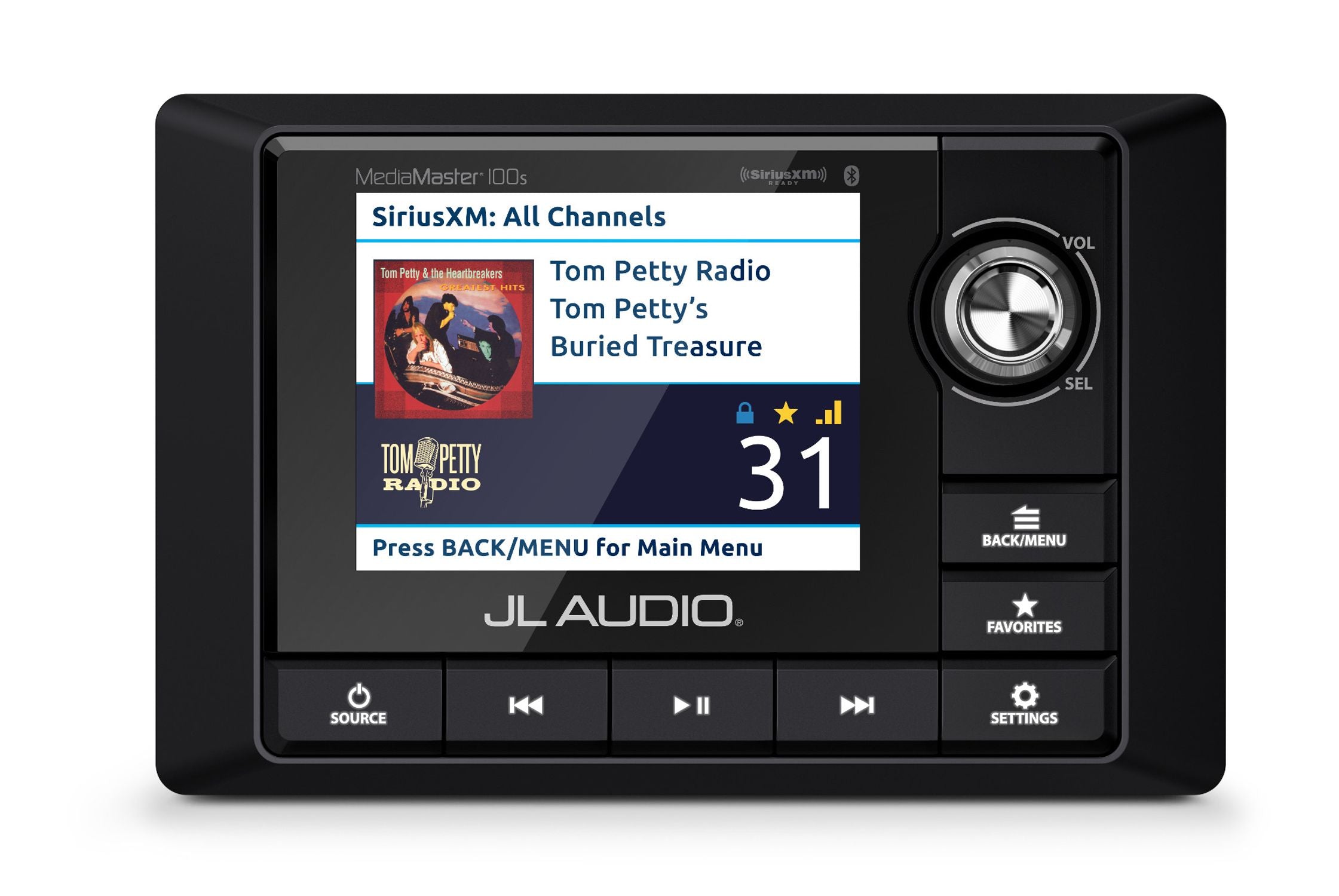 Front of MM100s Source Unit Straight On Displaying Sirius XM Radio Source Screen in Day Mode