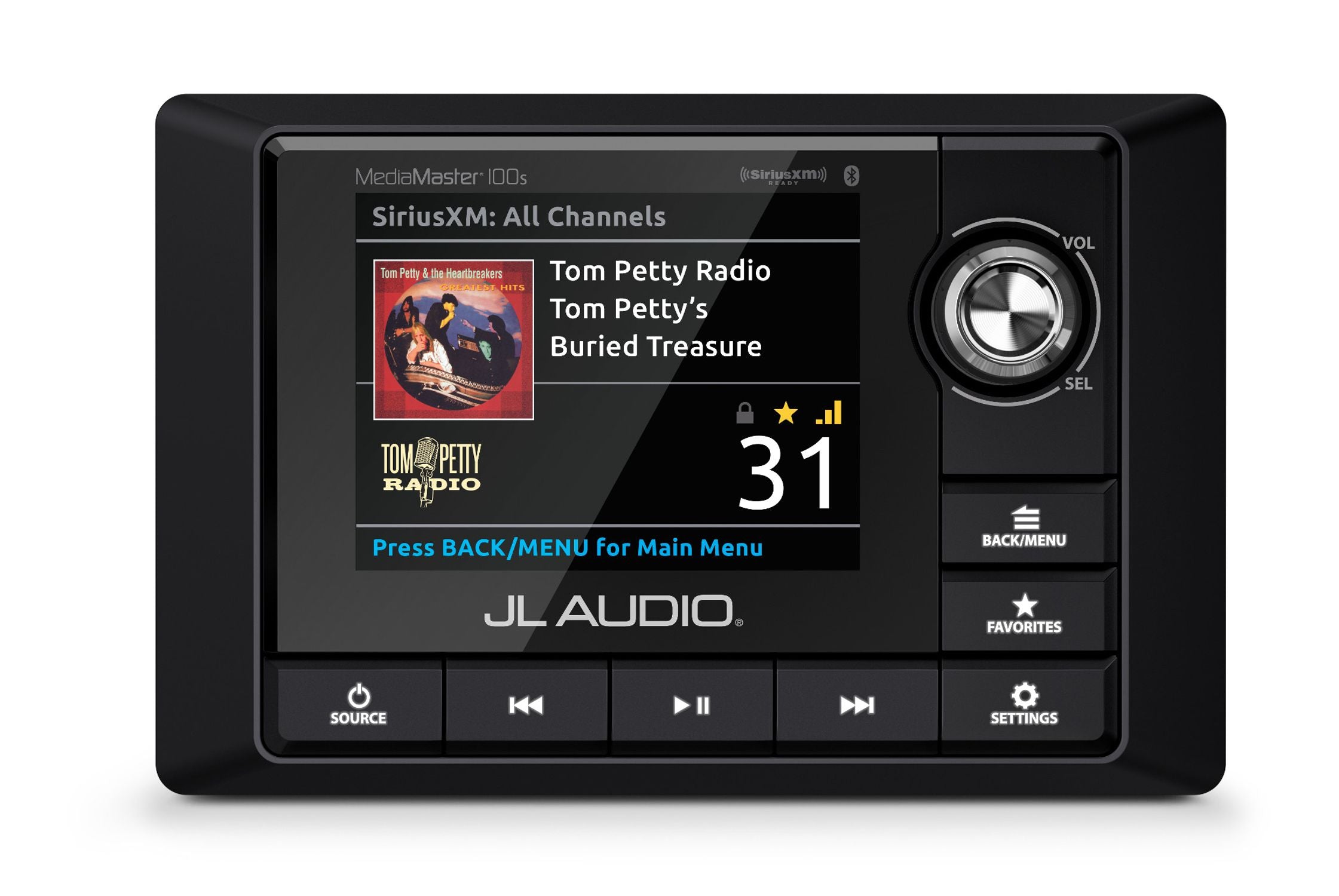 Front of MM100s Source Unit Straight On Displaying Sirius XM Radio Source Screen