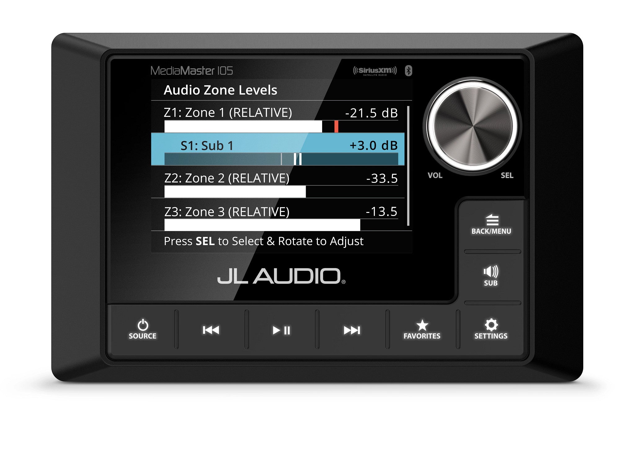 MediaMaster MM105 Front Overhead with Audio Zone Levels screen adjusting Sub 1 level