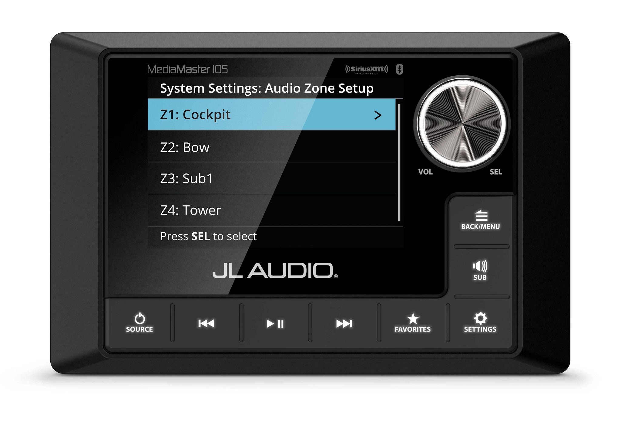 MediaMaster MM105 Front Overhead with System Settings screen adjusting Audio Zone Setup for Zone 1