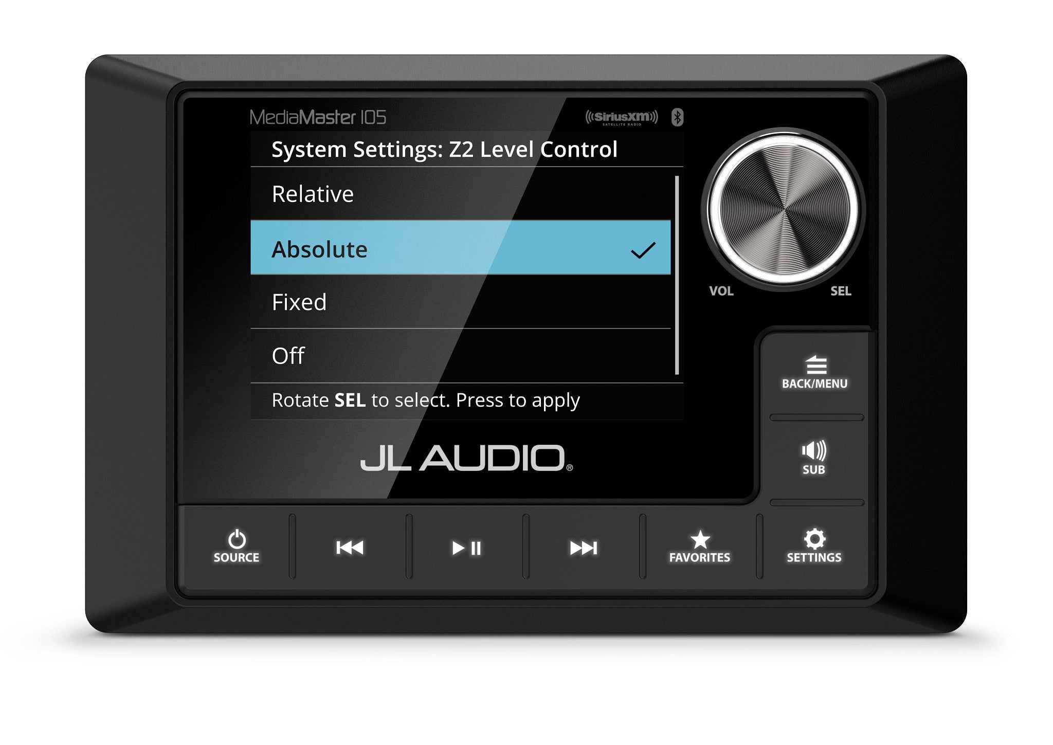 MediaMaster MM105 Front Overhead with System Settings screen adjusting Zone 2 level control to absolute