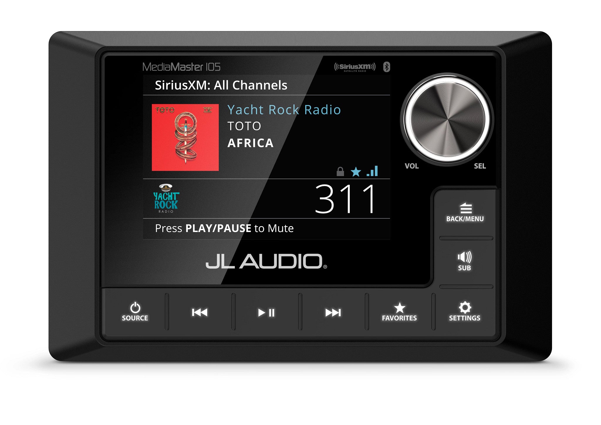MediaMaster MM105 Front Overhead with SiriusXM tuned to channel 311 playing Africa by Toto