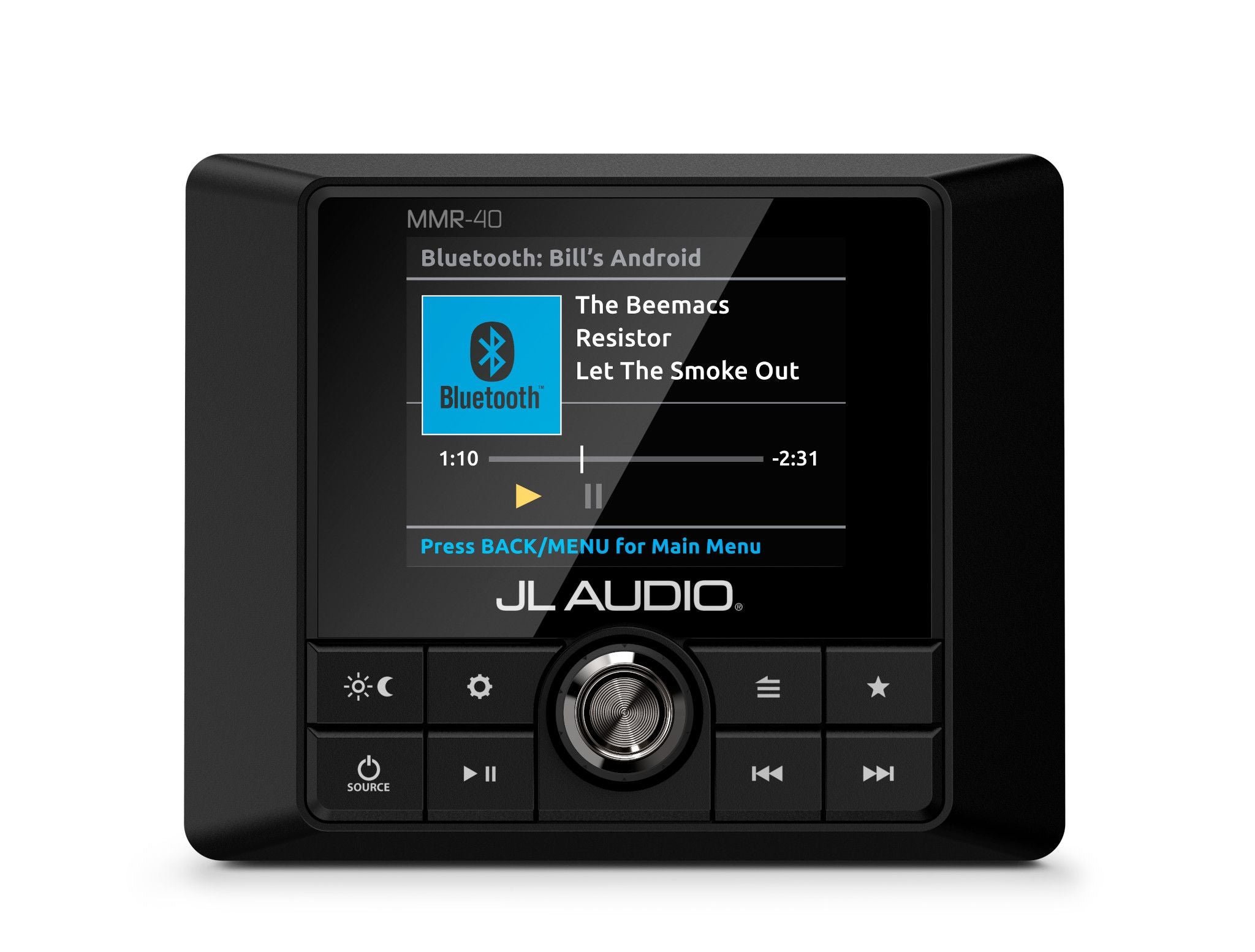 Front of MMR-40 Remote Straight On Displaying Bluetooth Control