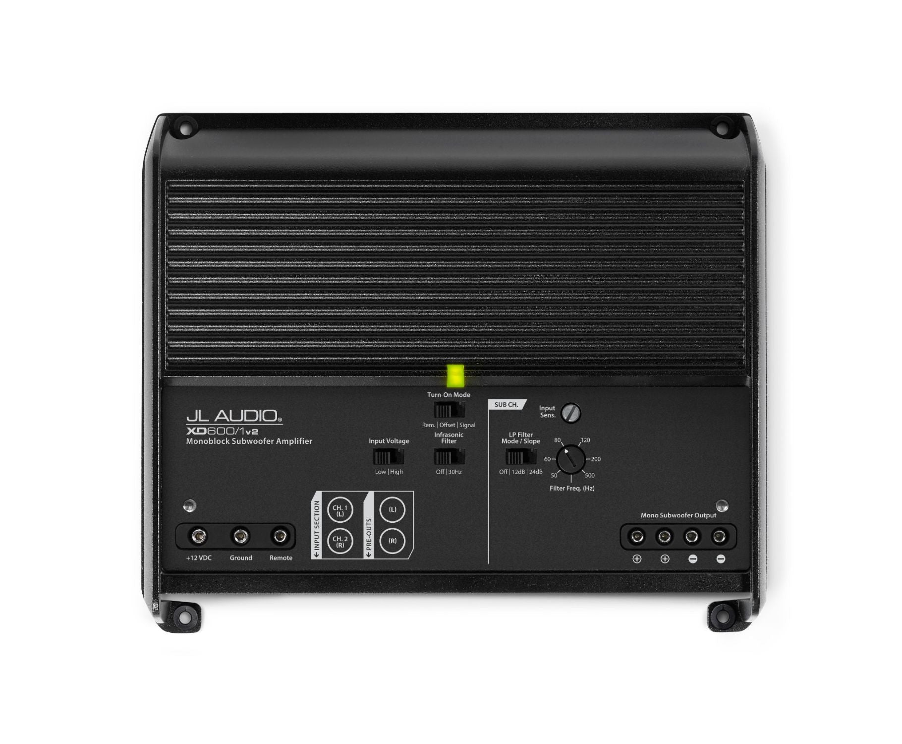 Front of XD600/1v2 Amplifier Overhead showing Control Panel